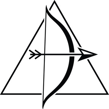 Geometric triangle archery bow and arrow logo emblem isolated on a white background for modern hunting or sporting brand identity