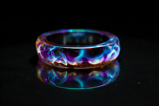 Luminous Ring Glow: A captivating ring with a translucent band encircles a mesmerizing display of swirling, colorful energy, its vibrant glow reflecting dramatically on a dark, glossy surface.