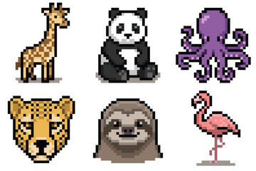 Fototapeta premium Pixel Art Cute Wild Animals Set