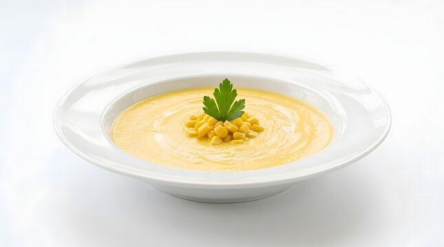 Creamy Yellow Soup with Corn and Parsley Garnish in White Bowl