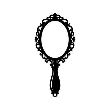 Ornate vintage hand mirror, black silhouette with decorative filigree frame. Elegant baroque vanity mirror icon for beauty design. isolated on White Background halloween silhouette