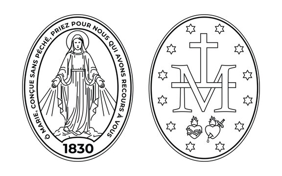 Miraculous Medal, Outline, front and back sides, Blessed Virgin Mary, Catholic Religious Vector Illustration