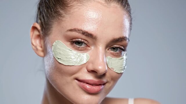 Young woman applying refreshing green clay eye patches for facial skincare routine against grey backdrop