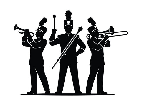 Marching band silhouette vector, brass musicians and drum major in uniform, parade performers with trumpet and trombone, musical group illustration