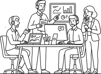 Fototapeta premium Teamwork in office customer service agents working with computers and charts