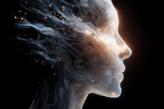 AI Consciousness: A profile of a stylized human head formed from swirling mist and glowing particles, representing artificial intelligence and the dawn of a new consciousness.