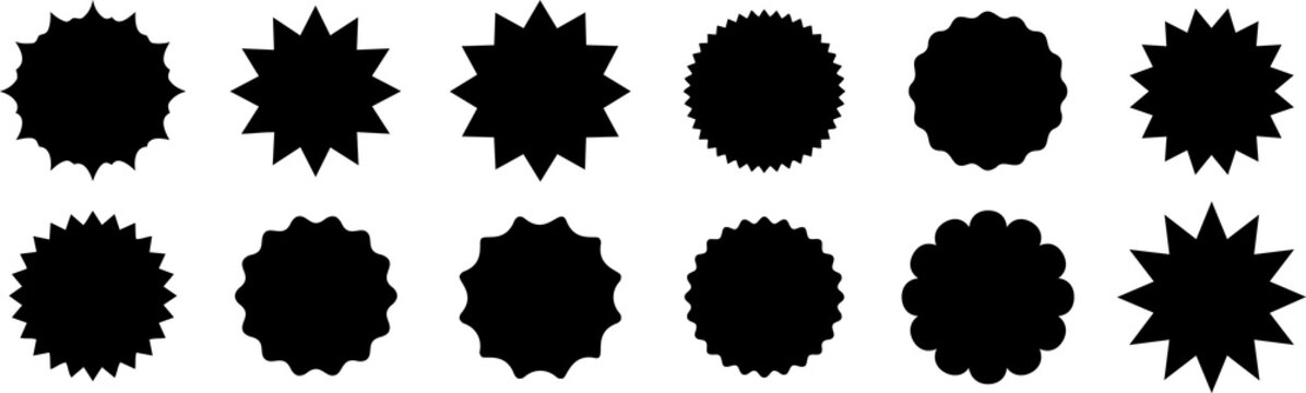 Collection of black circular badge shapes with scalloped edges