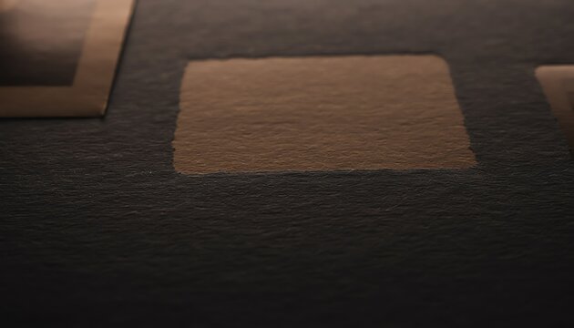 Close up of textured brown paper with rectangular embossed area under soft warm lighting and shallow focus