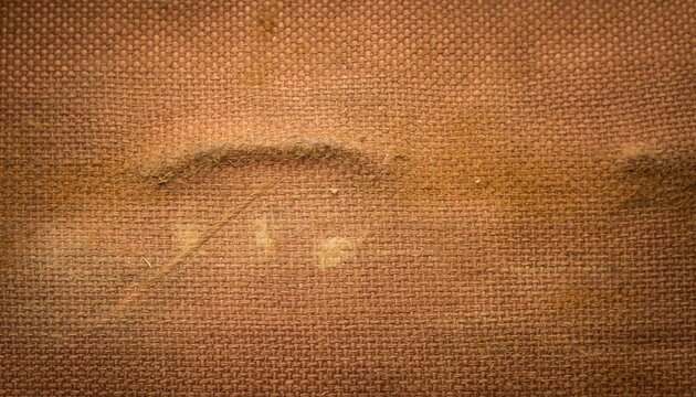 Close up of textured brown burlap fabric with visible weave pattern and subtle stains and creases