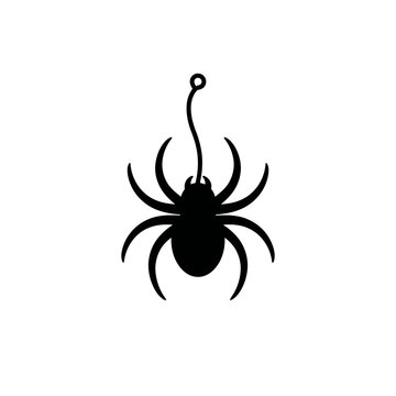 Spooky spider silhouette hanging on a web thread, black arachnid vector icon, minimalist Halloween decoration graphic isolated on White Background silhouette