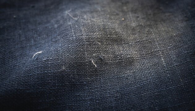 Close up textured surface of worn dark blue denim fabric with visible fibers and natural light shadow