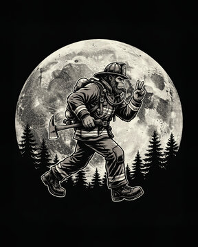 Firefighter in full protective gear walking with an axe against a large full moon background