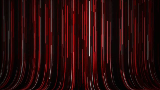 Dynamic digital curtain with cascading vertical red and white glowing lines curving at the bottom, concept for futuristic technology data flow, ideal for stage backdrop and high-tech video production