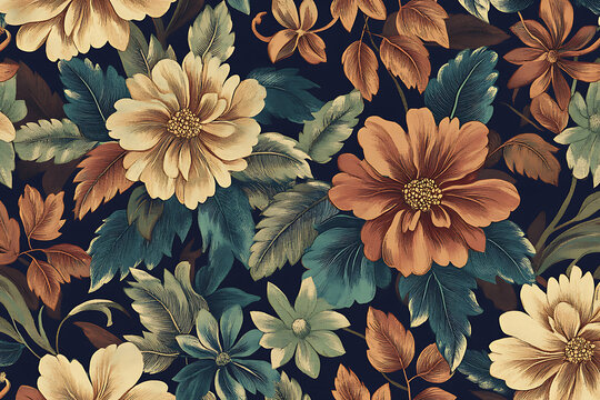 Vintage seamless floral pattern featuring earthy tones and decorative botanical details.
