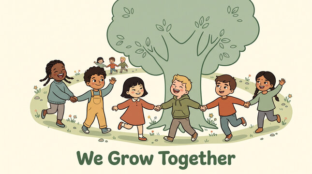Diverse children running in a circle around a tree together with growing together social connection friendship bond