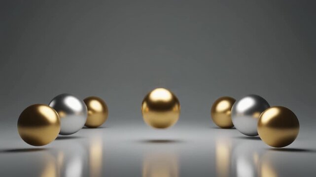 Minimalist 3D render featuring gold and silver spheres arranged symmetrically on a reflective surface