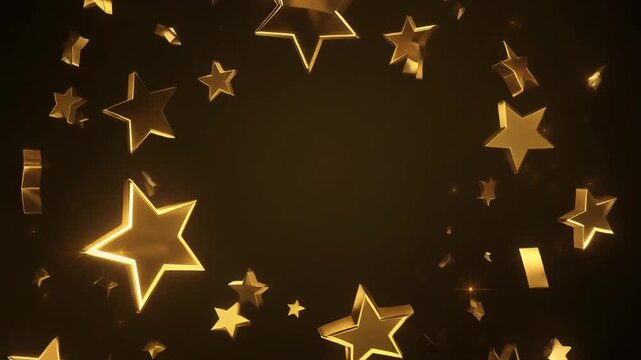 Golden stars swirling in a dynamic circular motion on a dark background, creating a festive and luxurious celebration concept