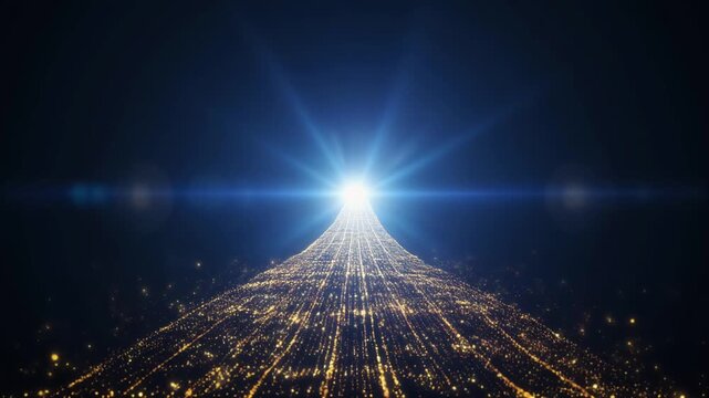 Abstract digital highway of data and light with glowing futuristic tunnel converging toward a bright star