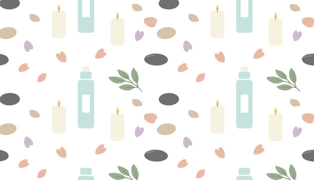 Relaxing wellness spa pattern features candles, massage stones, flower petals, and cosmetic oil bottles.