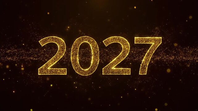 Gold glittering 2027 year text on a dark background with magic glowing sparkles and particles
