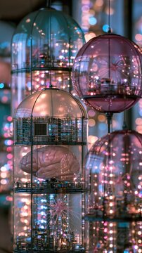 Advanced neural interface microchip integrated with living neuron cells showcasing intricate circuits glowing while transmitting signals.