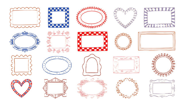A collection of hand-drawn vector frames and borders in various shapes, styles, and colors on white