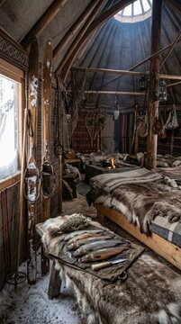 Inside a Traditional Sami Lavvu Tent with Fur Bedding and Natural Light.