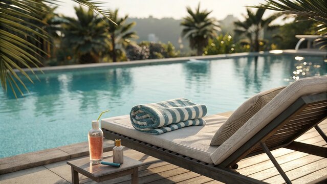 Relaxing poolside lounge scene with a striped towel and sunscreen bottle, capturing summer vacation, leisure, and resort lifestyle photography inspiration.
