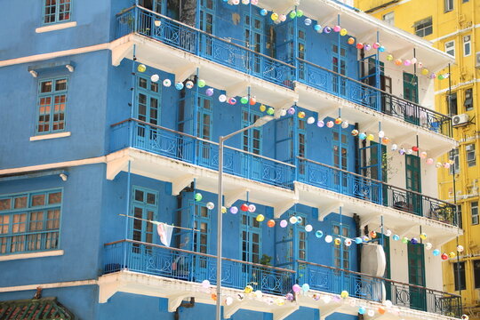 Historical Blue House in Wanchai During Mid Autumn Festival in Hong Kong