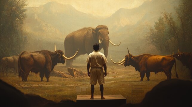 Man Observing Prehistoric Mammoth and Ancient Bison in Museum Exhibit