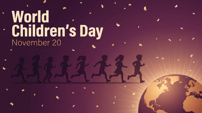 World childrens day november 20 banner design showing childrens silhouettes running towards the globe with november twen
