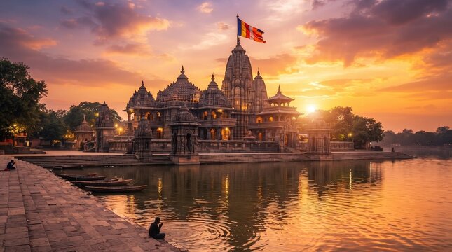 Dwarkadhish Temple Dwarka Golden Hour &ndash; Iconic Coastal Hindu Temple