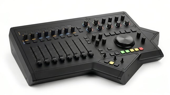 Black audio mixing and video editing console on white background