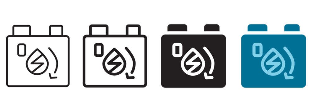 Zero liquid discharge icon with water treatment tank container, water drop with lightning bolt symbol, and recycling arrow representing smart factory wastewater recovery, zld system, and tech.
