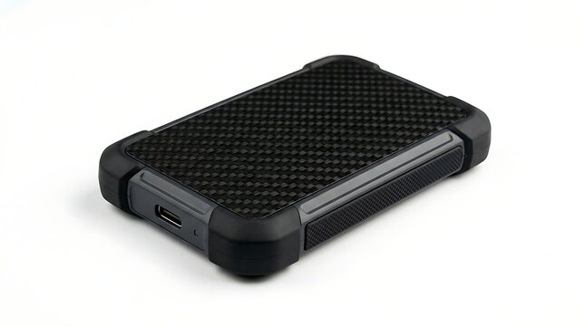 Rugged external drive with carbon fiber pattern on white background