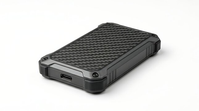 Portable external SSD drive with carbon fiber pattern on white