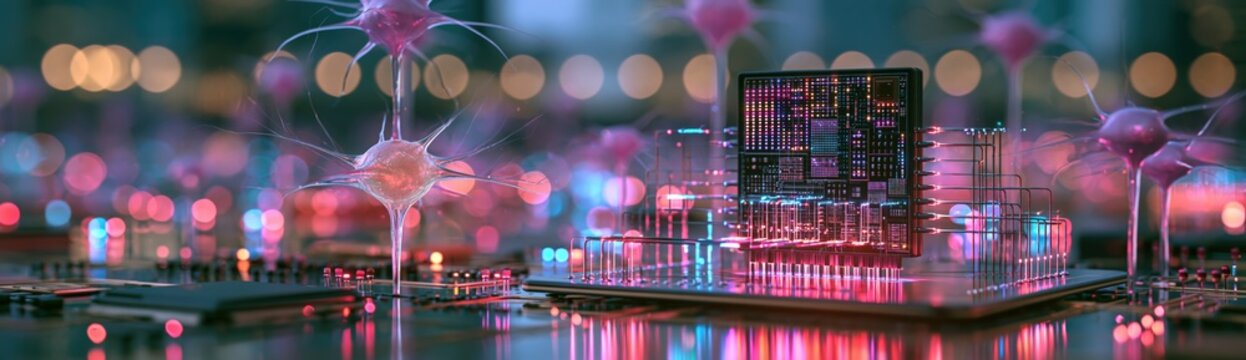 Advanced neural interface microchip integrated with living neuron cells showcasing intricate circuits glowing while transmitting signals.