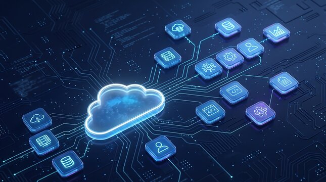 Advanced cloud computing ecosystem with and data storage icons connected to central glowing cloud through complex digital circuitry on dark technological background high quality 3D render