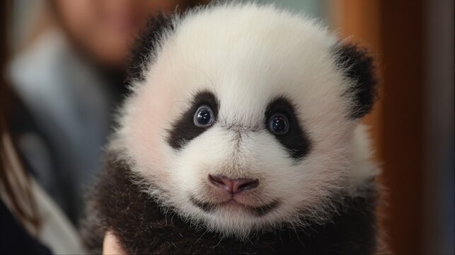Cute little panda cub with fluffy face, adorable black and white bear with soft fur, gentle expression and charming wildlife portrait in a natural forest habitat
