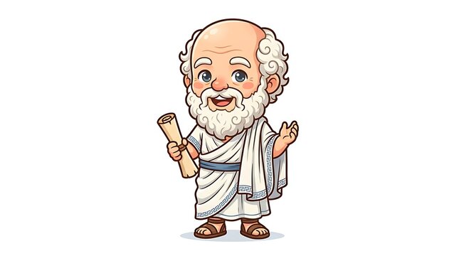 Cute cartoon illustration of ancient Greek philosopher with scroll smiling isolated on white background