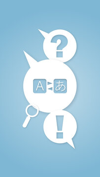 Translation illustration with speech bubbles, question mark, exclamation mark, magnifying glass, and language symbols on a blue background representing communication.