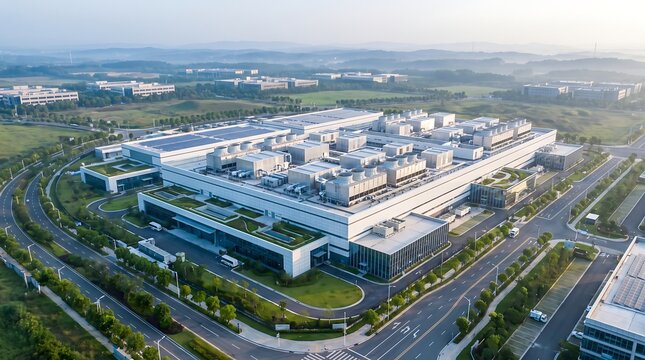 Extensive industrial data center facility with green roof terraces and multiple server cooling towers visible from an aerial perspective in a professional tech park landscape