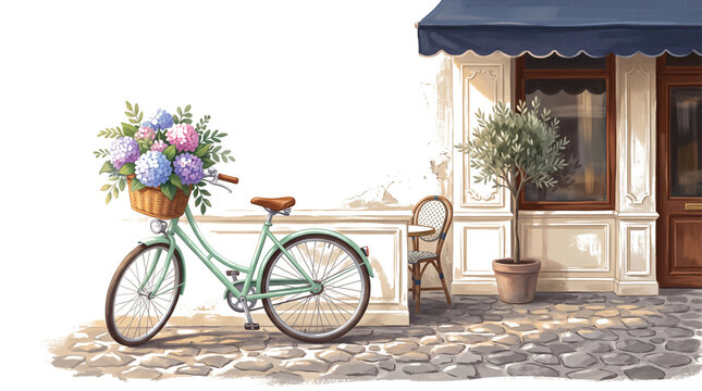 Mint Green Vintage Bicycle with Hydrangeas Gouache Painting