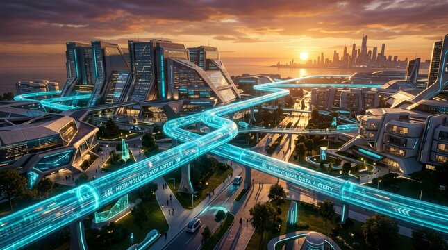 Cinematic Wide Shot of a Futuristic Smart City at Sunset Featuring Glowing High-Speed Transportation Tubes, Modern Sustainable Architecture, and Advanced Digital Infrastructure at Dusk