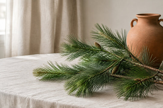 Longleaf pine branches with terracotta urn on linen cloth, natural decor concept