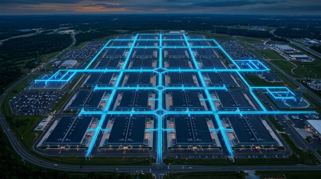 Aerial drone perspective of a massive industrial data center complex at dusk with glowing blue digital grid lines representing high-speed connectivity, cloud computing, and smart infrastructure