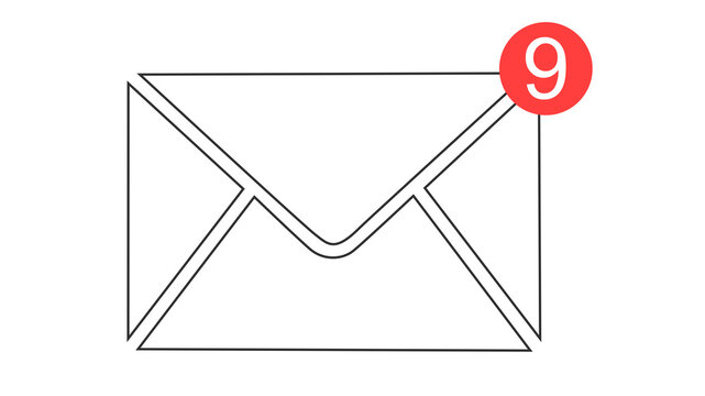 Email envelope with nine unread notifications, Simple white envelope icon with black outline on a transparent background, topped by a red notification badge showing nine unread messages