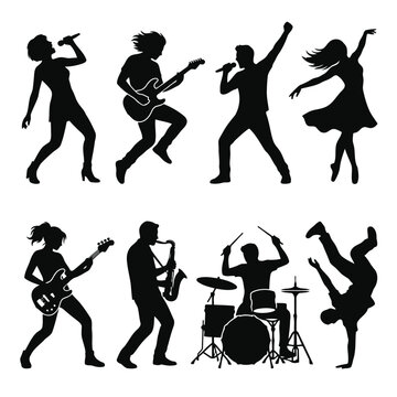 Silhouette Set of Musicians Singers and Dancers Performing Live Music, Rock Band Jazz Saxophonist Drummer Guitarist and Breakdancer Graphic Elements Isolated on White Background