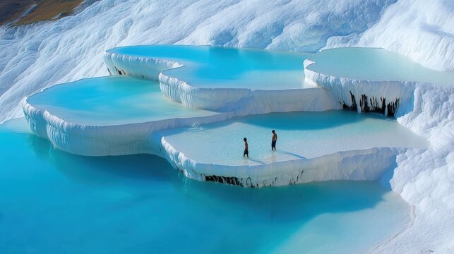 Pamukkale's white travertine terraces and vibrant turquoise thermal pools.