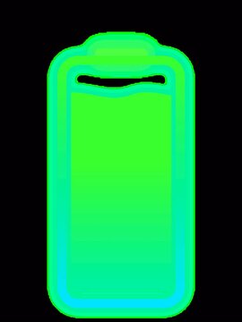 A glowing neon green battery icon is centered against a dark black background.